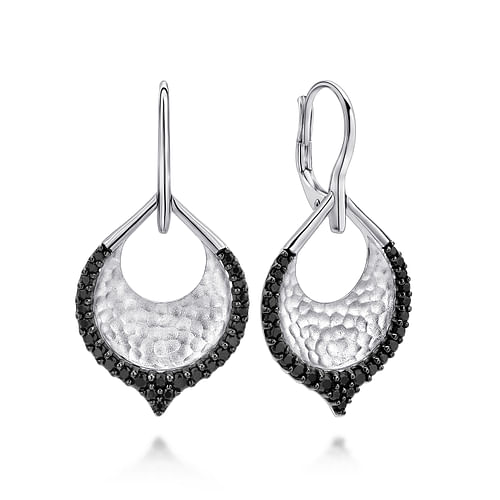 Sterling Silver Hammered Teardrop Leverback Earrings with Black Spinel