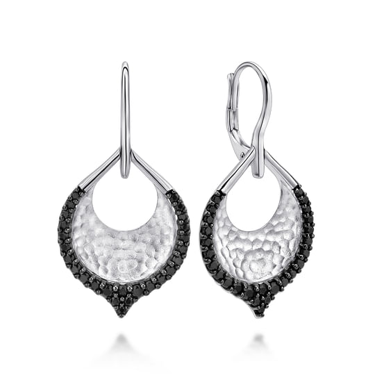 Gabriel - Sterling Silver Hammered Teardrop Leverback Earrings with Black Spinel