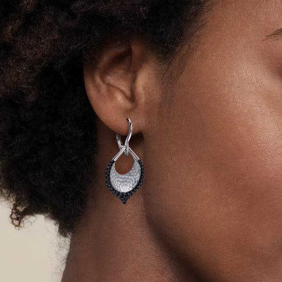 Sterling Silver Hammered Teardrop Leverback Earrings with Black Spinel angle 2