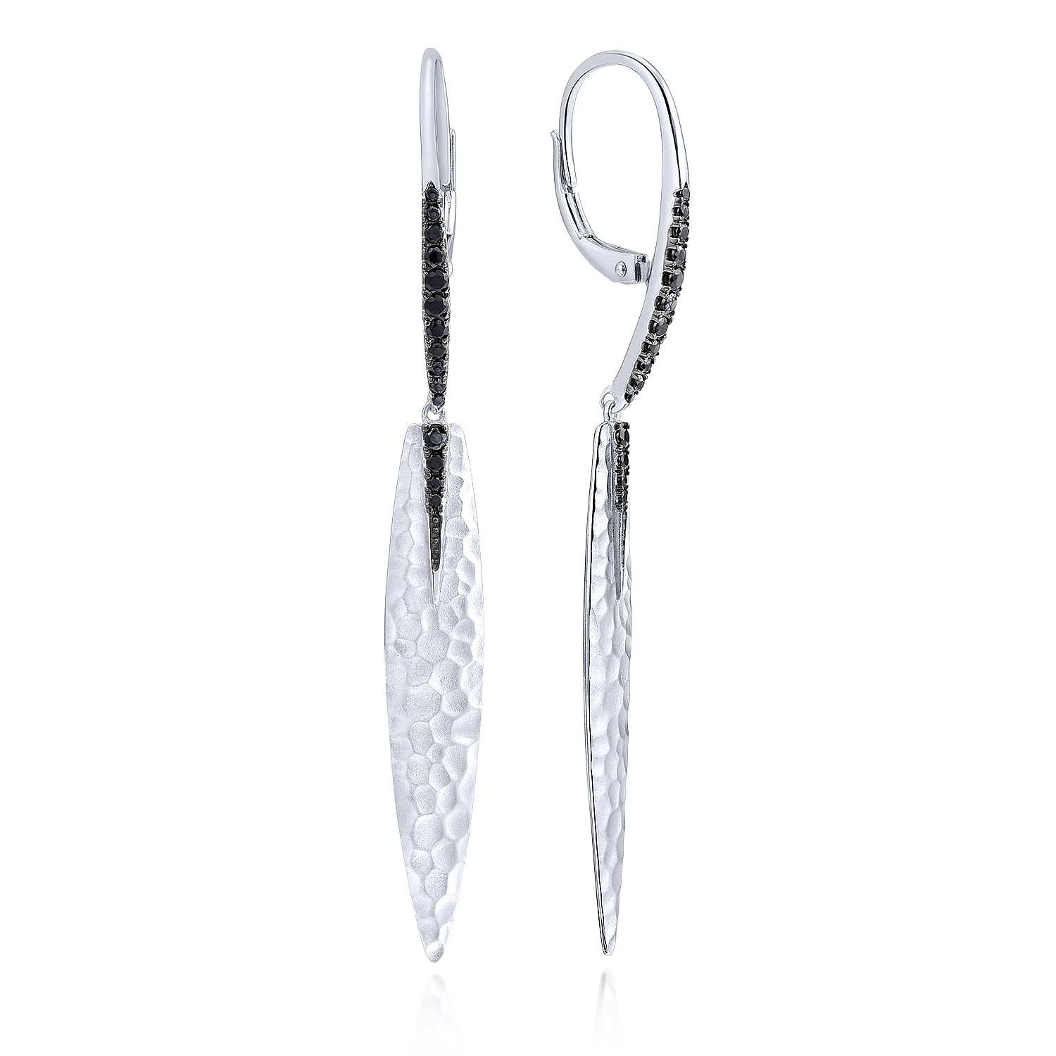 Sterling Silver Linear Hammered Drop Earrings with Black Spinel