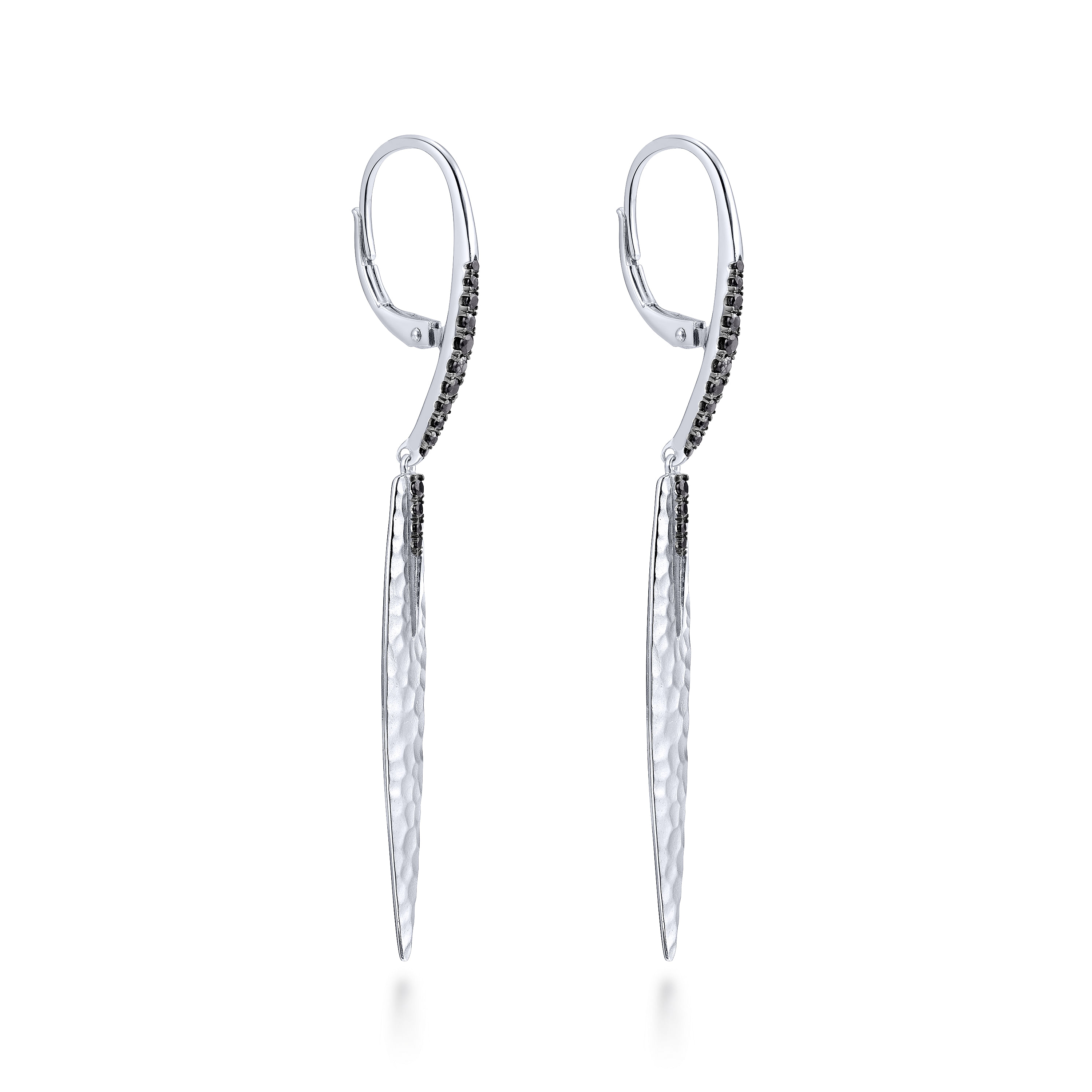 Sterling Silver Linear Hammered Drop Earrings with Black Spinel