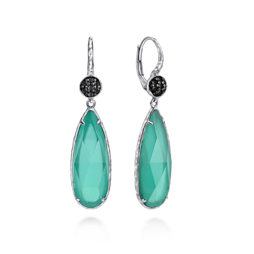 Sterling Silver Long Rock Crystal/Green Onyx Drop Earrings with Black Spinel Tops