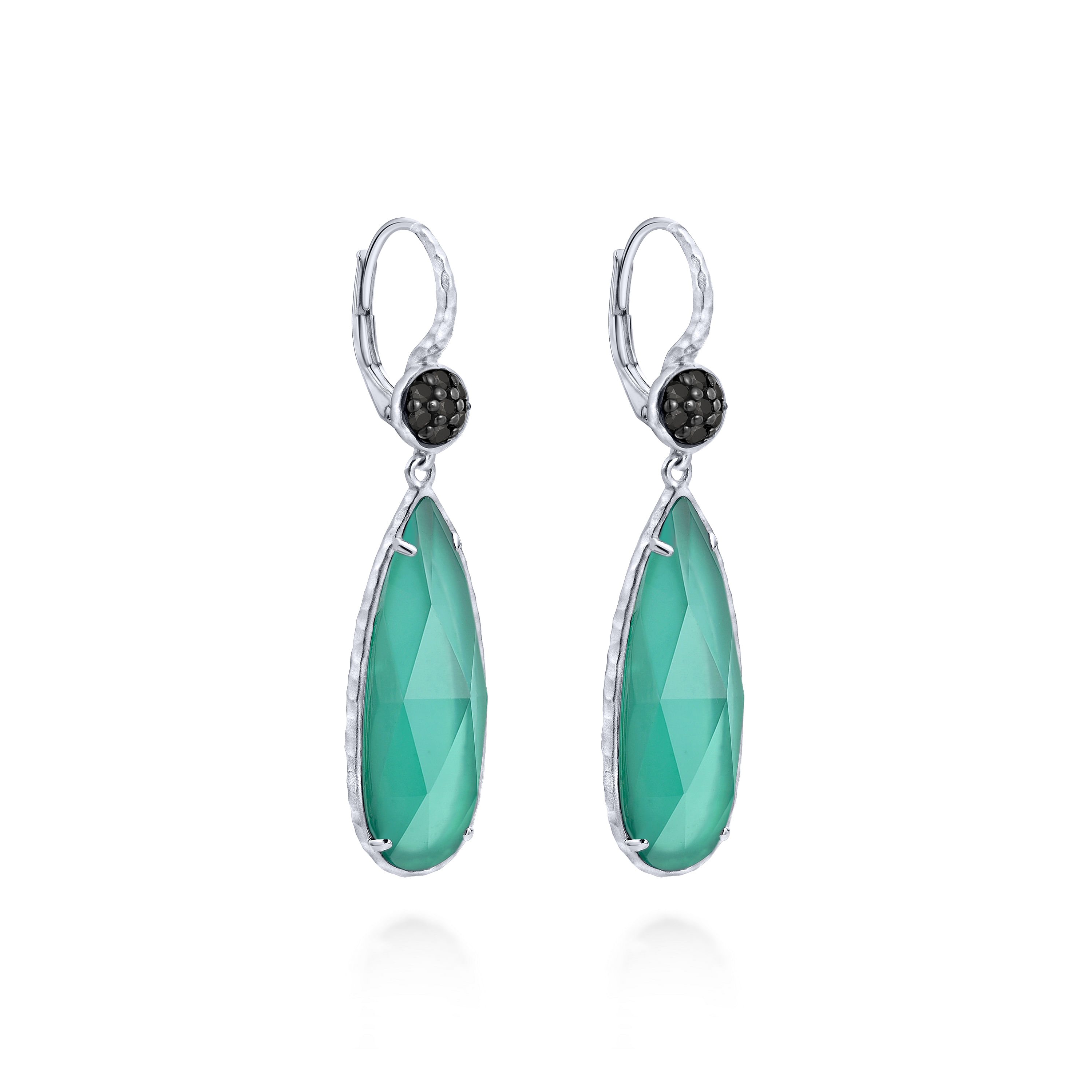 Sterling Silver Long Rock Crystal/Green Onyx Drop Earrings with Black Spinel Tops