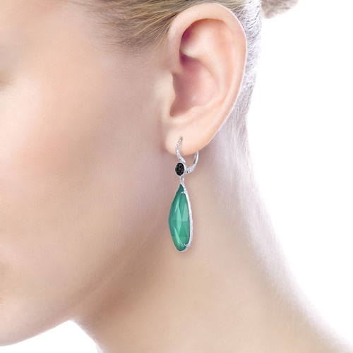 Sterling Silver Long Rock Crystal/Green Onyx Drop Earrings with Black Spinel Tops