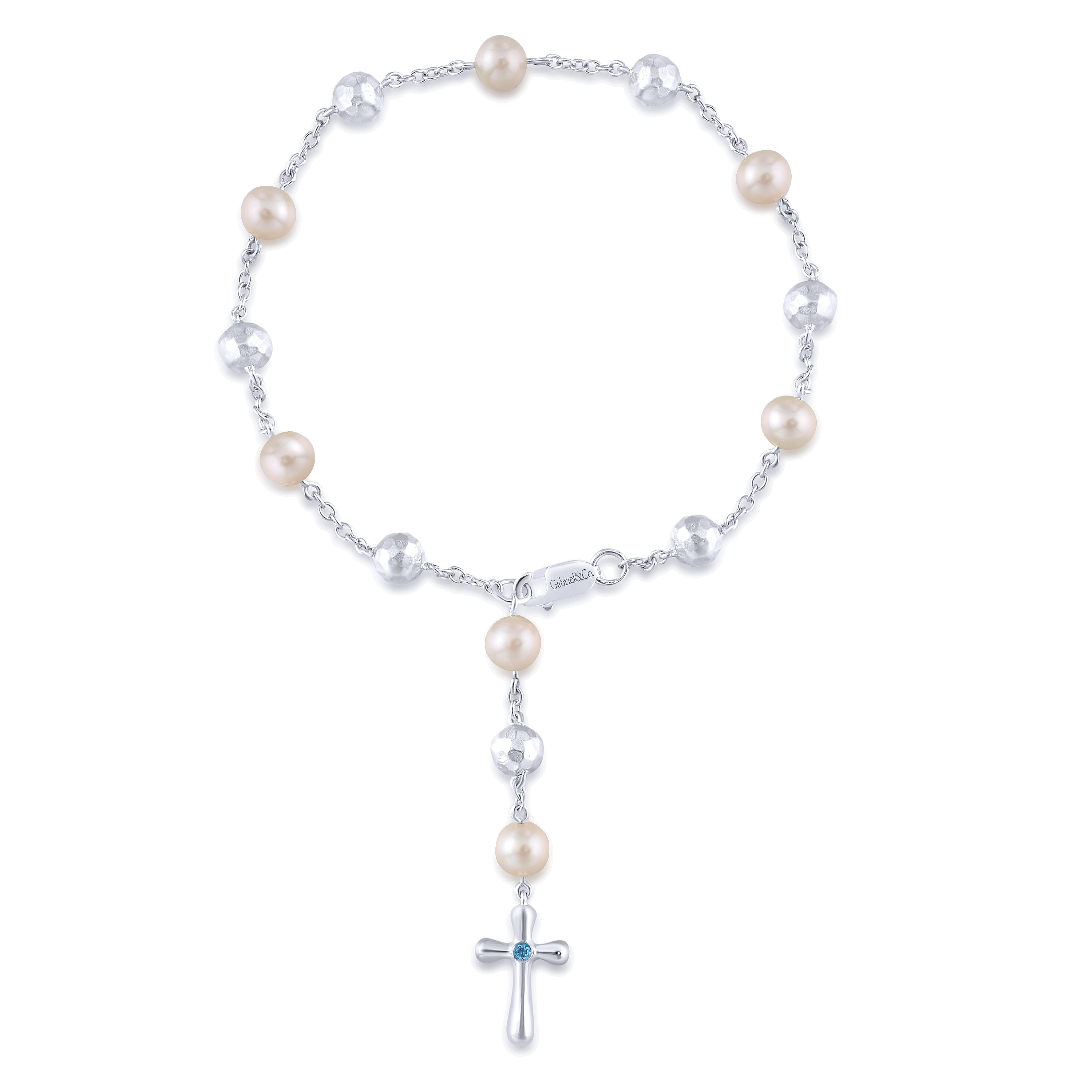 Sterling Silver Pearl Rosary Bracelet with Blue Topaz Stone Cross