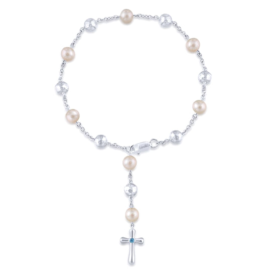 Gabriel - Sterling Silver Pearl Rosary Bracelet with Blue Topaz Stone Cross