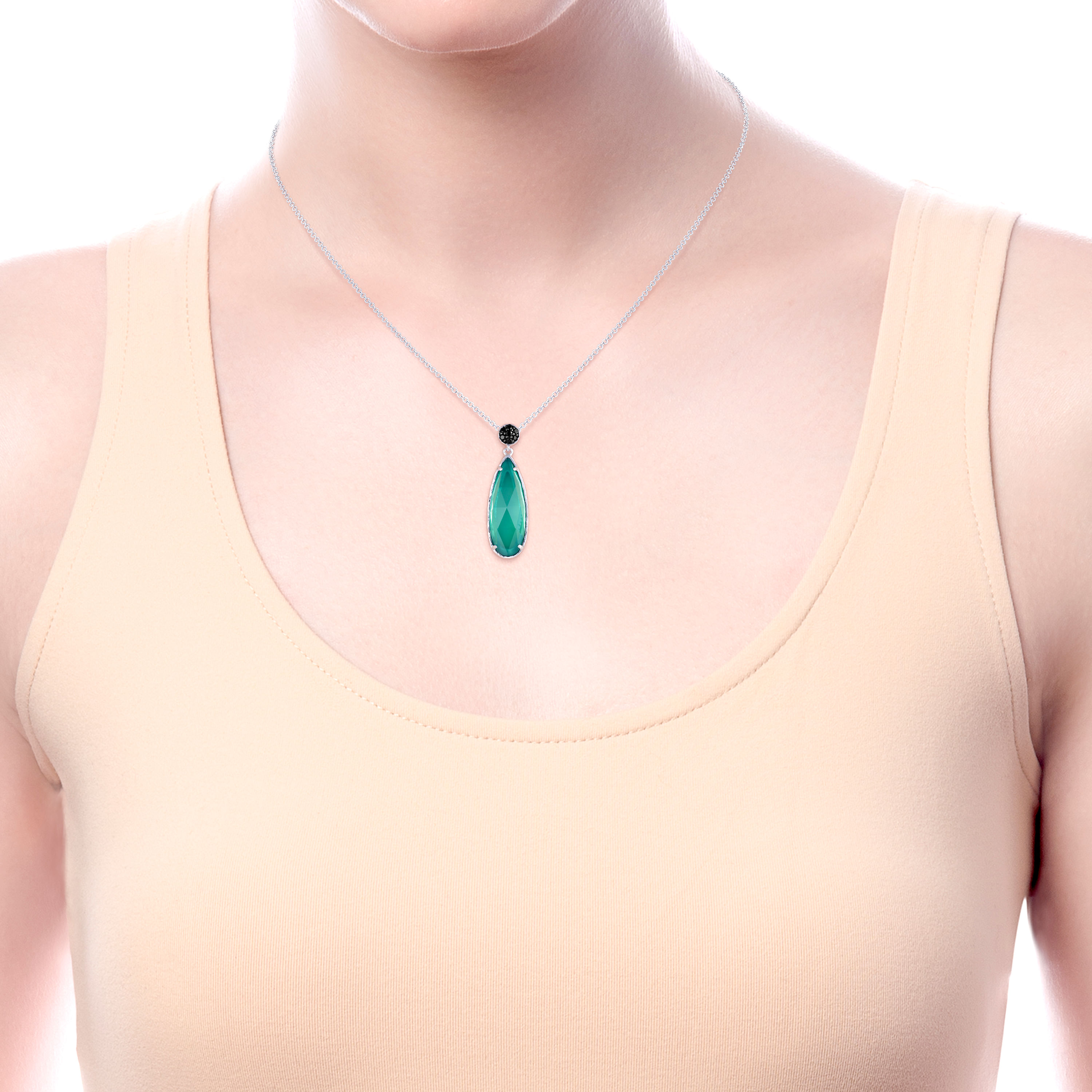 Sterling Silver Rock Crystal/Green Onyx Teardrop Pendant Necklace with Black Spinel