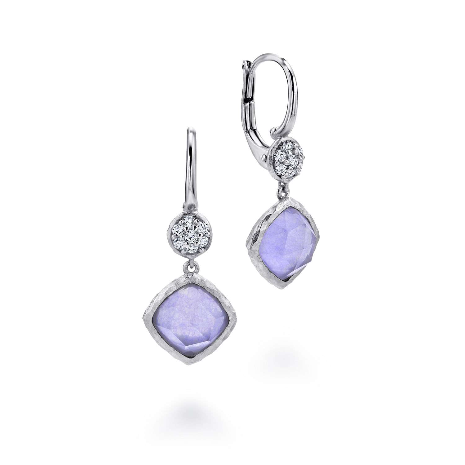 Sterling Silver Rock Crystal/Purple Jade Cushion Drop Earrings with White Sapphire Tops
