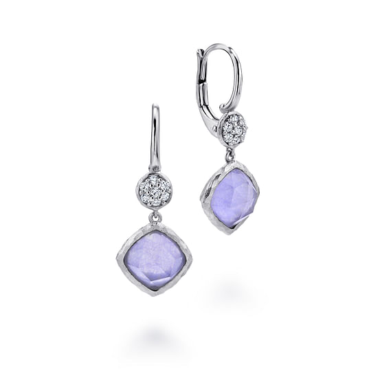 Gabriel - Sterling Silver Rock Crystal/Purple Jade Cushion Drop Earrings with White Sapphire Tops