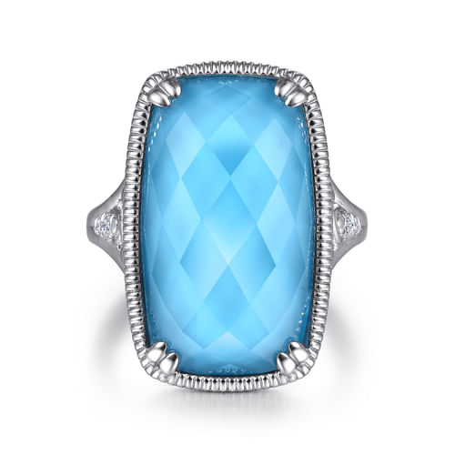Sterling Silver Rock Crystal/Turquoise Long Cushion Cut Ring
