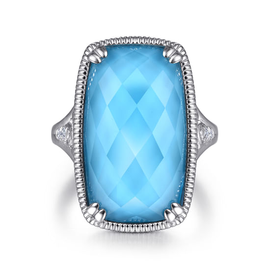 Gabriel - Sterling Silver Rock Crystal/Turquoise Long Cushion Cut Ring