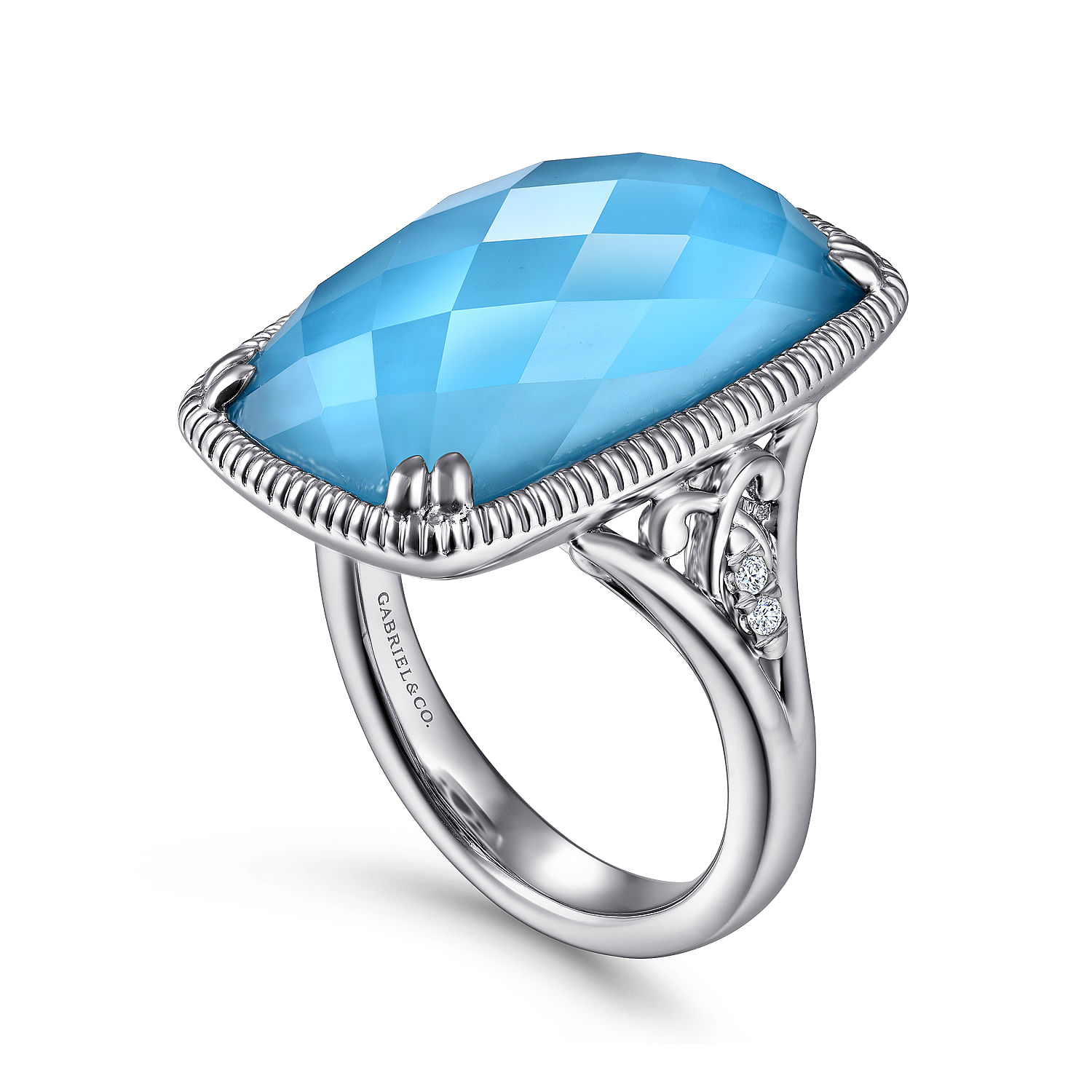 Sterling Silver Rock Crystal/Turquoise Long Cushion Cut Ring
