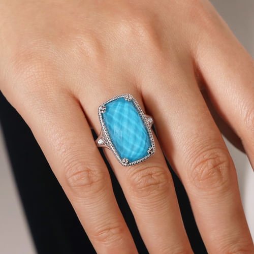 Sterling Silver Rock Crystal/Turquoise Long Cushion Cut Ring