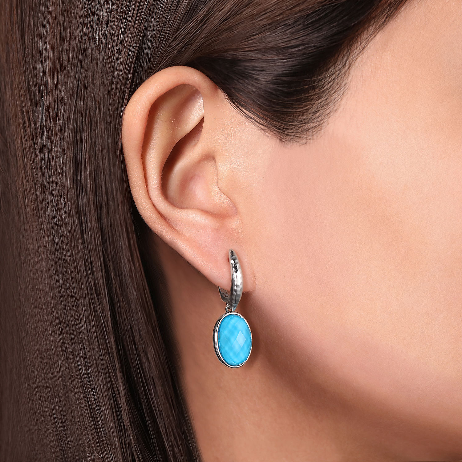 Sterling Silver Rock Crystal/Turquoise Oval Drop Earrings