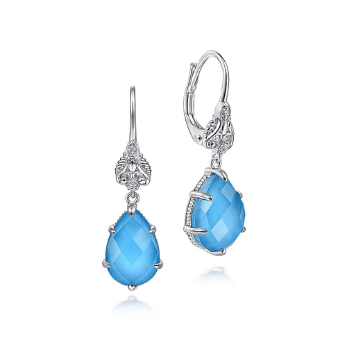 Sterling Silver Rock Crystal/Turquoise Teardrop Earrings with White Sapphire Tops