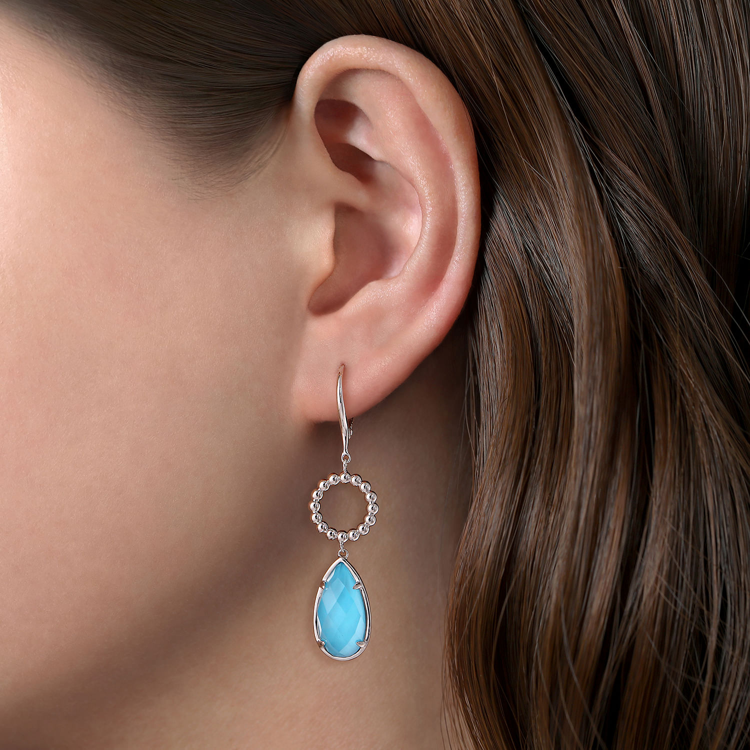 Sterling Silver Rock Crystal and Turquoise Long Teardrop Earrings