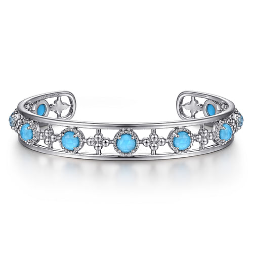 Sterling Silver Rock Crystal and Turquoise Station Bangle