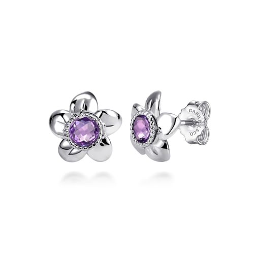 Sterling Silver Round Amethyst Flower Stud Earrings