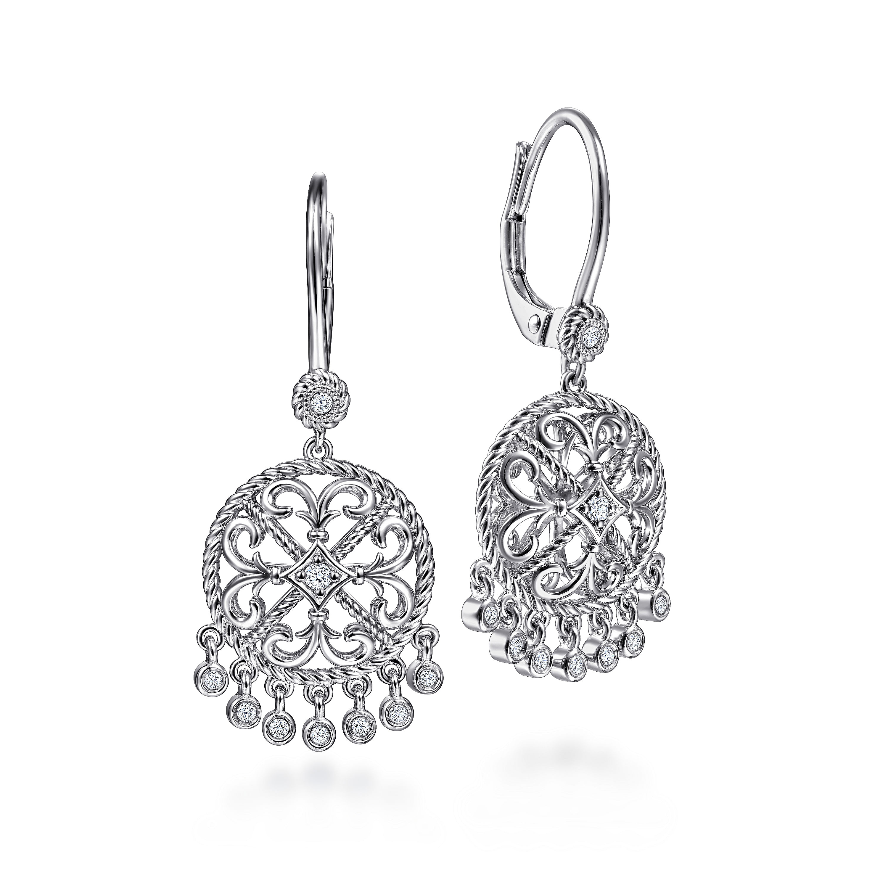 Gabriel - Sterling Silver Round Filigree White Sapphire Earrings with Drops