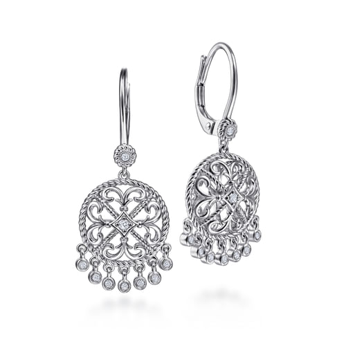 Sterling Silver Round Filigree White Sapphire Earrings with Drops