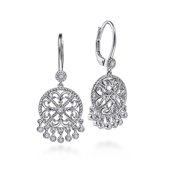 Gabriel - Sterling Silver Round Filigree White Sapphire Earrings with Drops