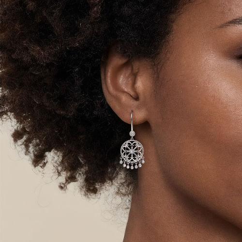 Sterling Silver Round Filigree White Sapphire Earrings with Drops