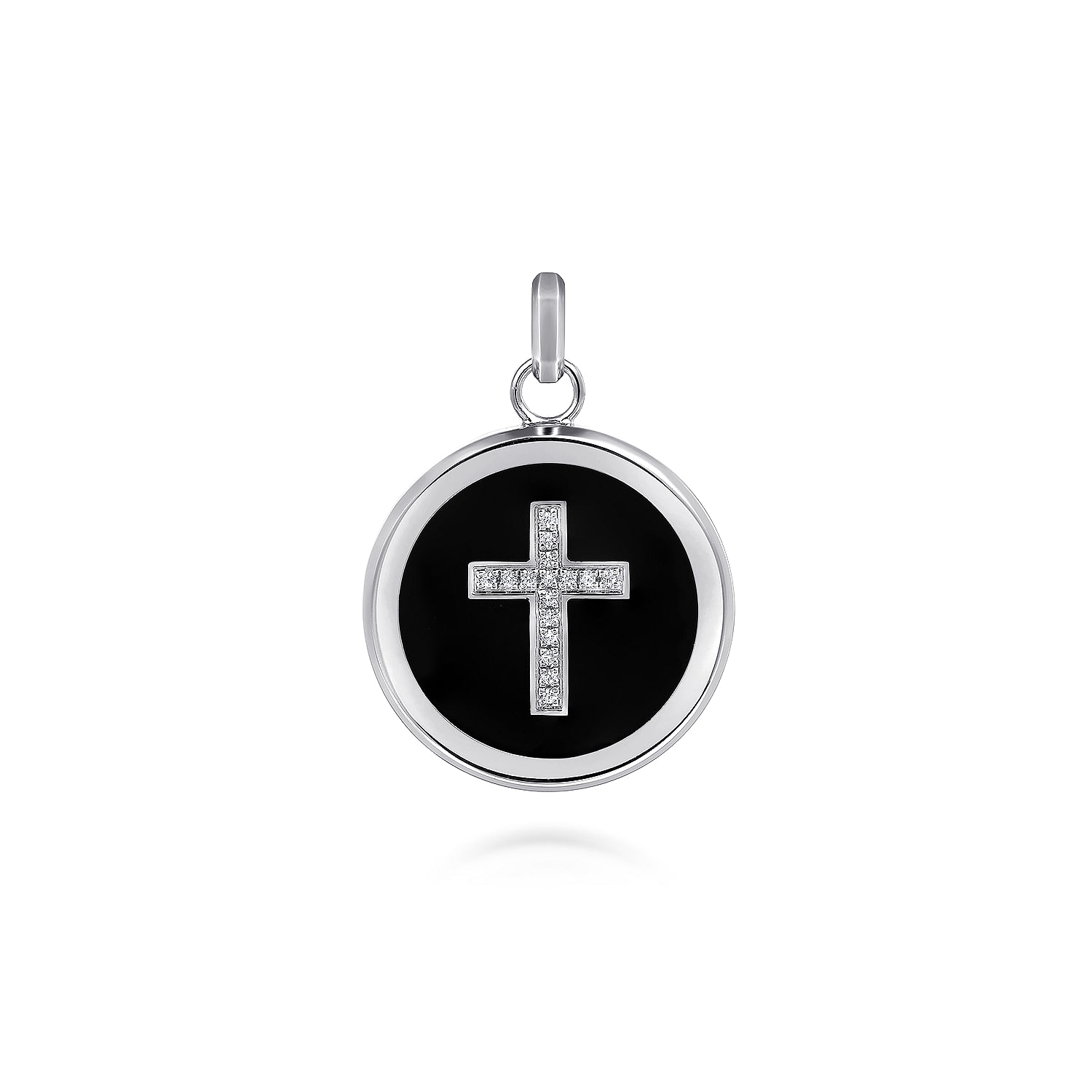 Sterling Silver Round Pendant with Black Enamel and White Sapphire Cross
