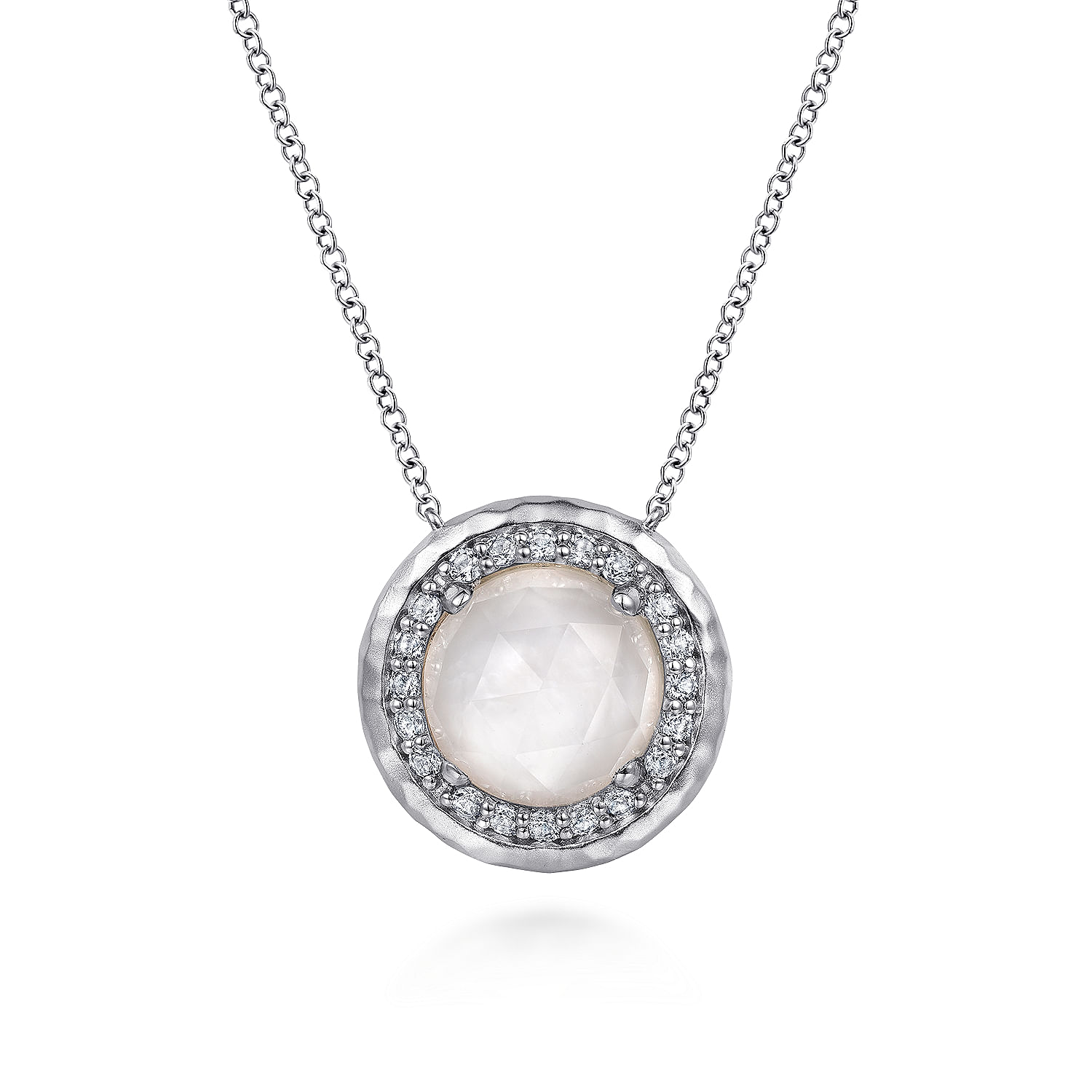 Sterling Silver Round Rock Crystal/White MOP and White Sapphire Halo Pendant Necklace