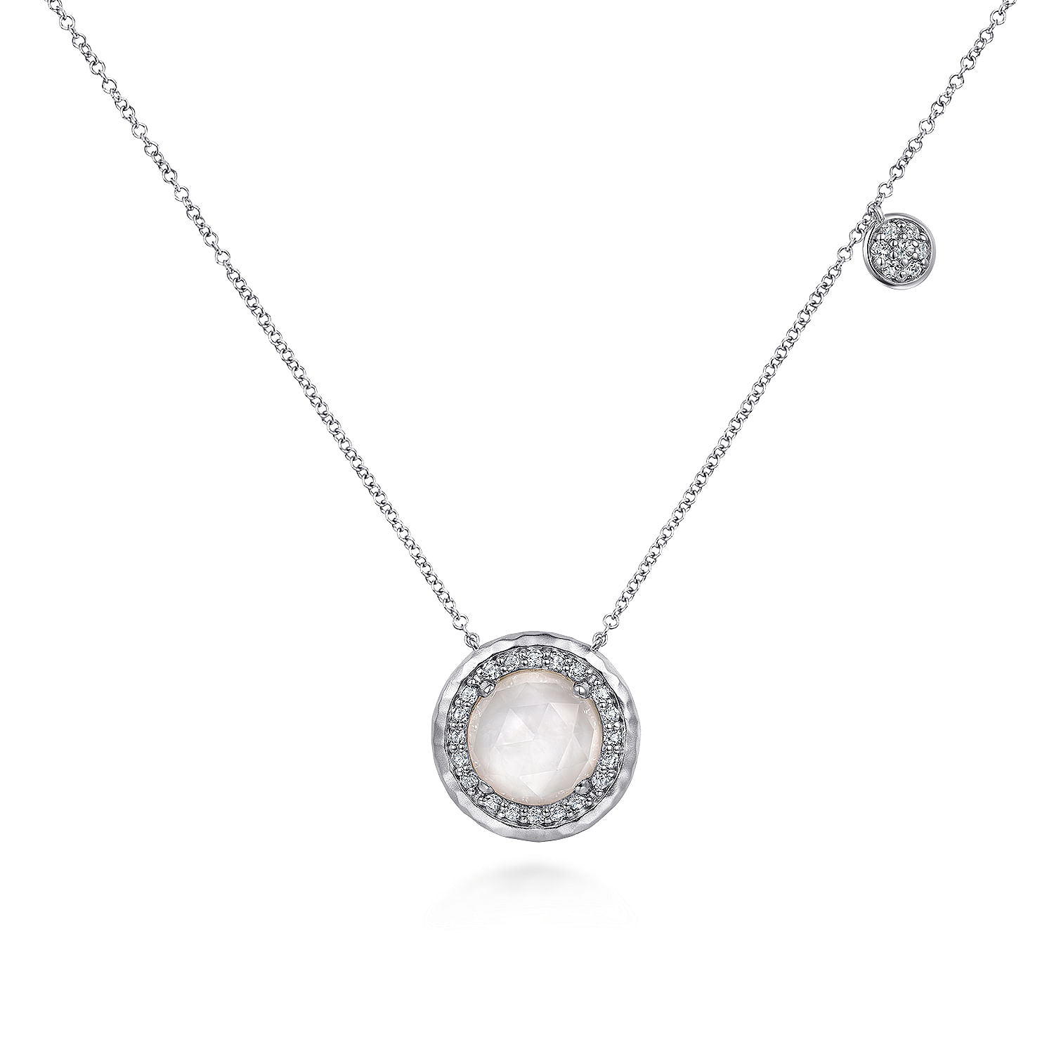 Sterling Silver Round Rock Crystal/White MOP and White Sapphire Halo Pendant Necklace