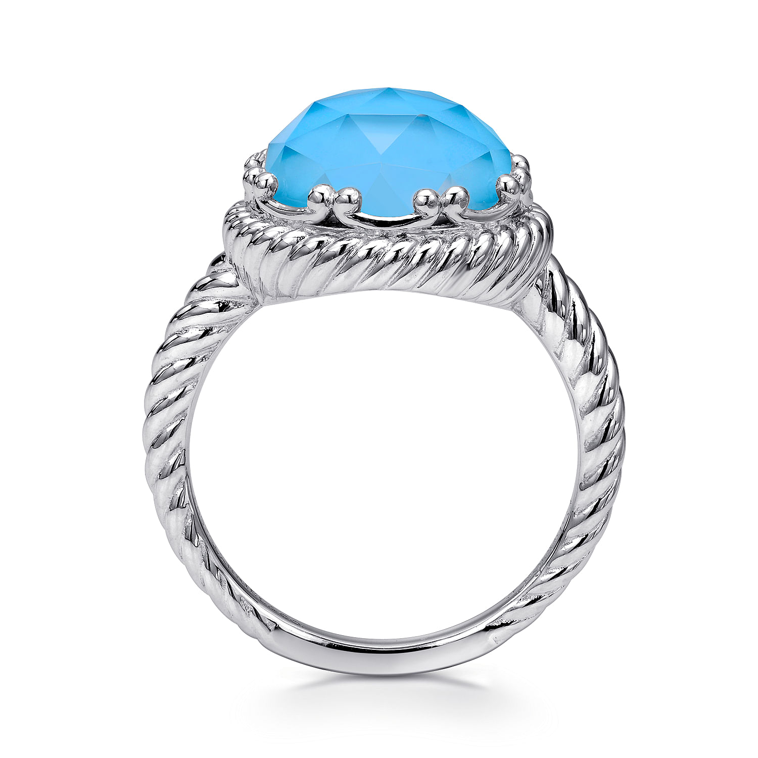 Sterling Silver Round Rock Crystal and Turquoise Twisted Rope Ring