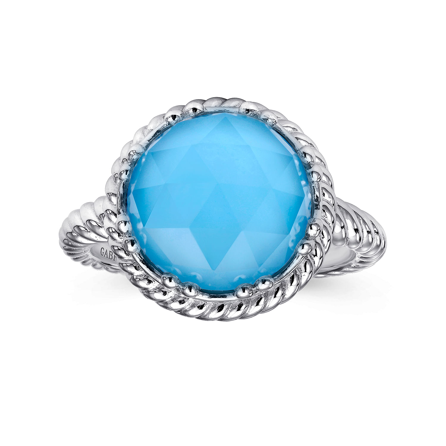 Sterling Silver Round Rock Crystal and Turquoise Twisted Rope Ring