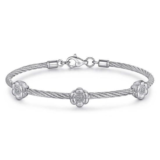 Gabriel - Sterling Silver-Stainless Steel Twisted Cable Bangle with 3 Flower Cluster Diamond Stations