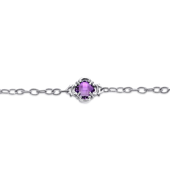 Sterling Silver Toggle Bracelet with Amethyst Clover Stations angle 2