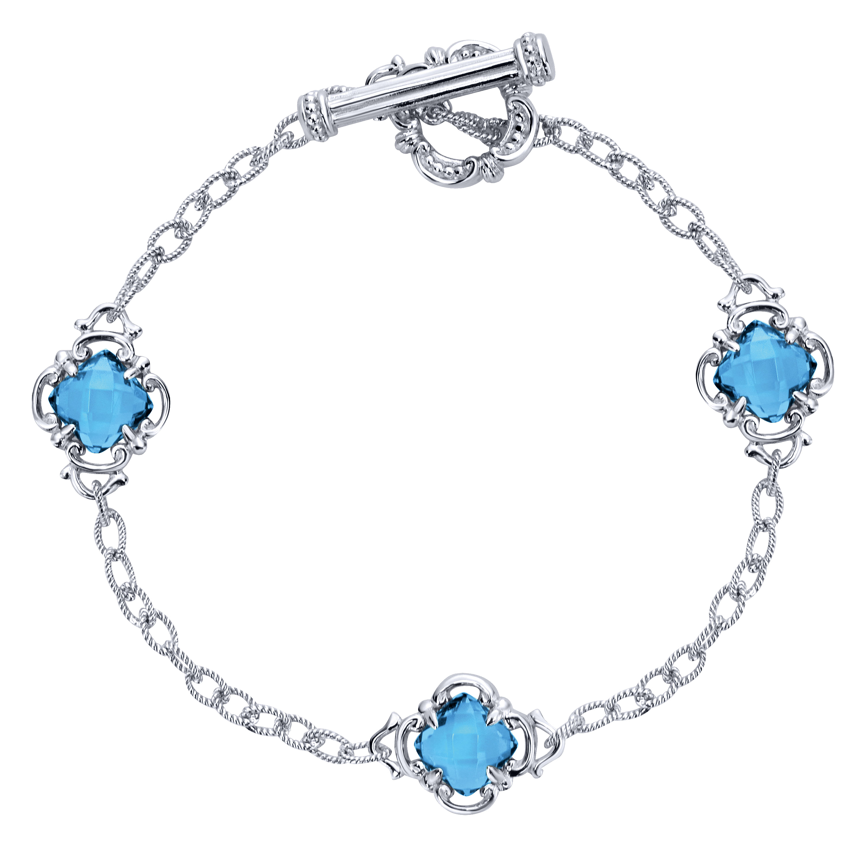 Sterling Silver Toggle Bracelet with Blue Topaz Clover Stations