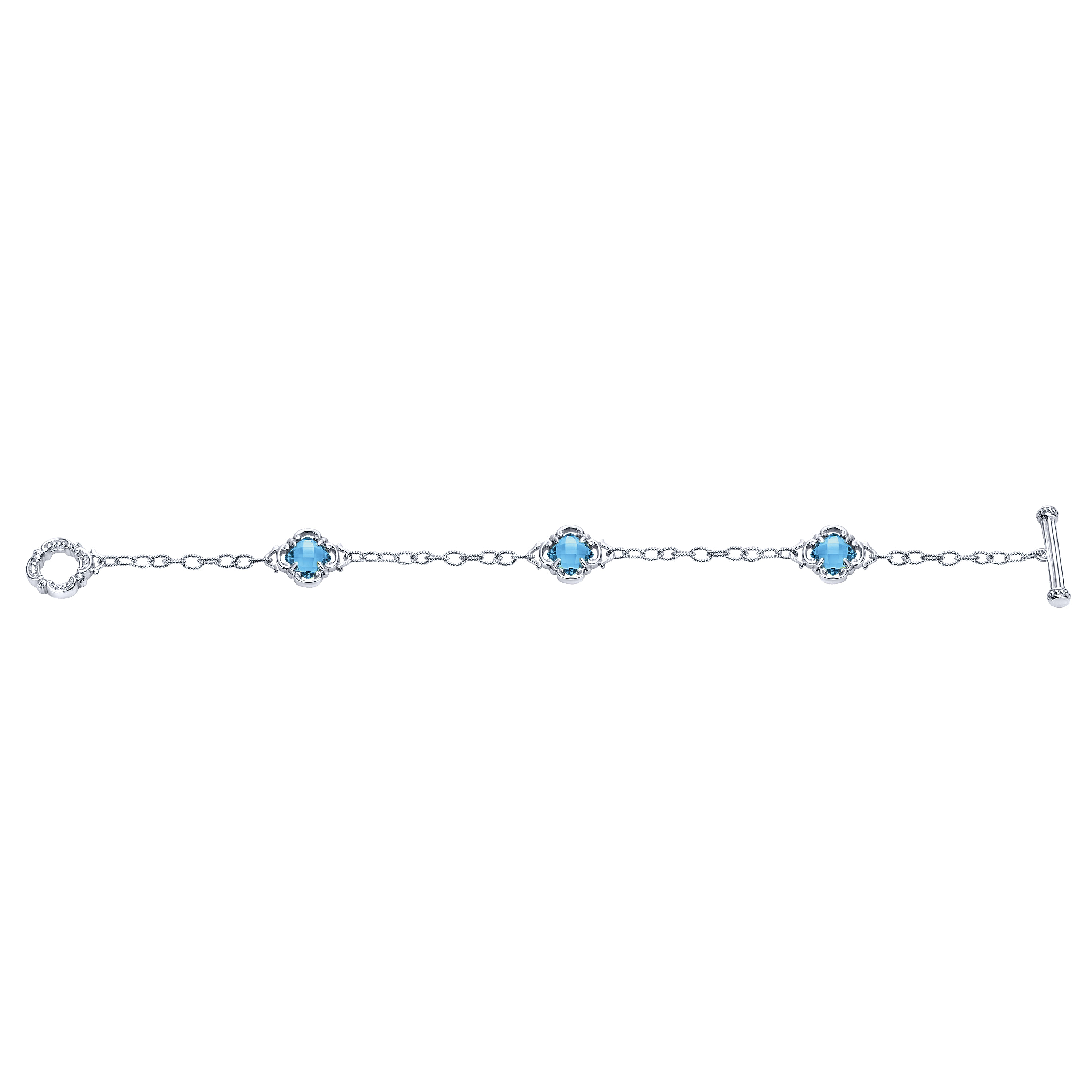 Sterling Silver Toggle Bracelet with Blue Topaz Clover Stations