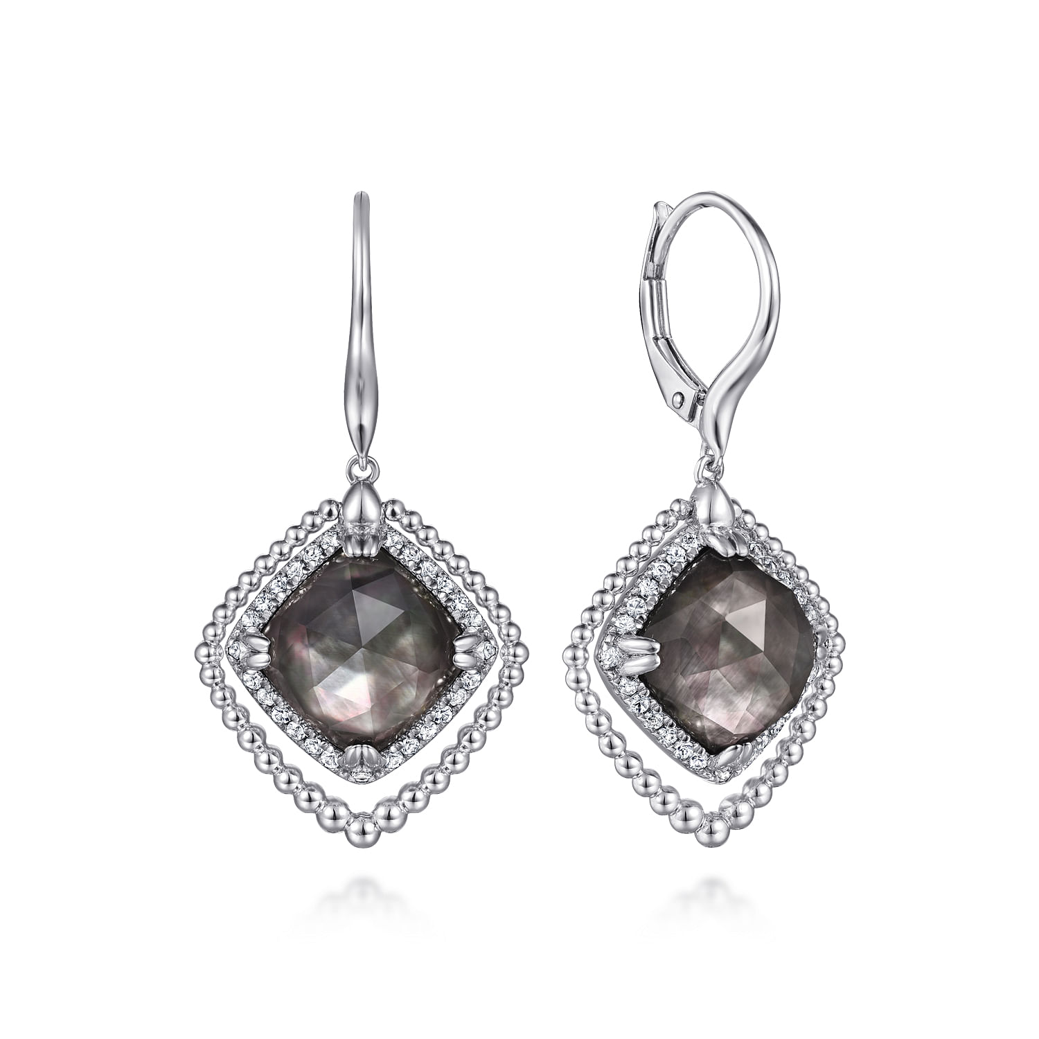Sterling Silver White Sapphire and Rock Crystal/Black MOP Drop Earrings