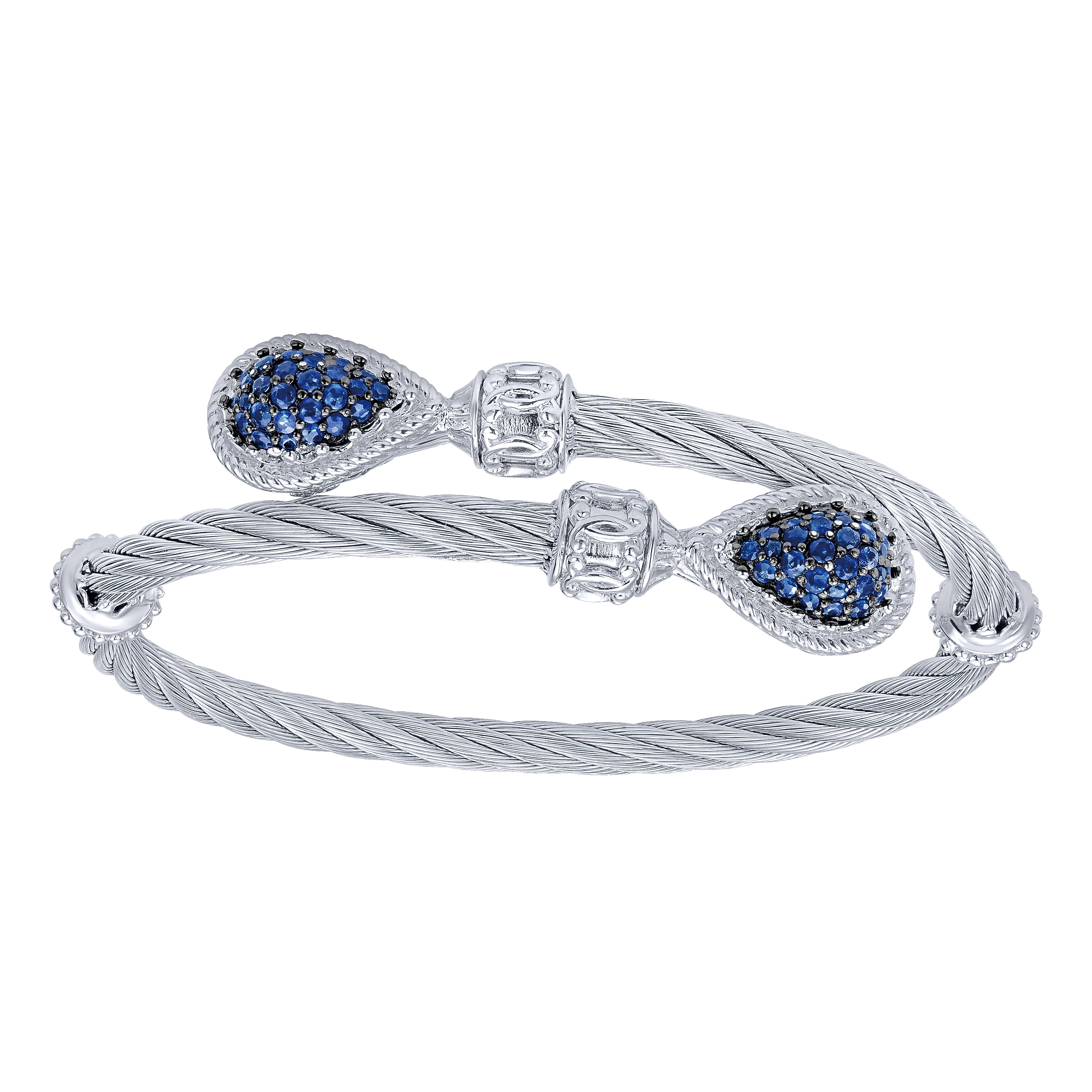 Sterling Silver and Stainless Steel Twisted Cable Sapphire Bypass Bangle