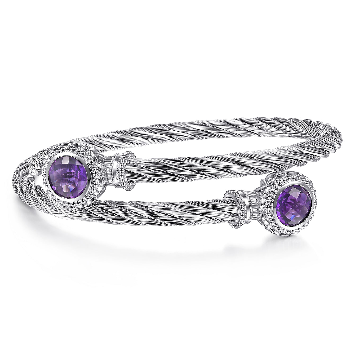 Sterling Silver and Twisted Cable Stainless Steel Amethyst Stone Bypass Bangle
