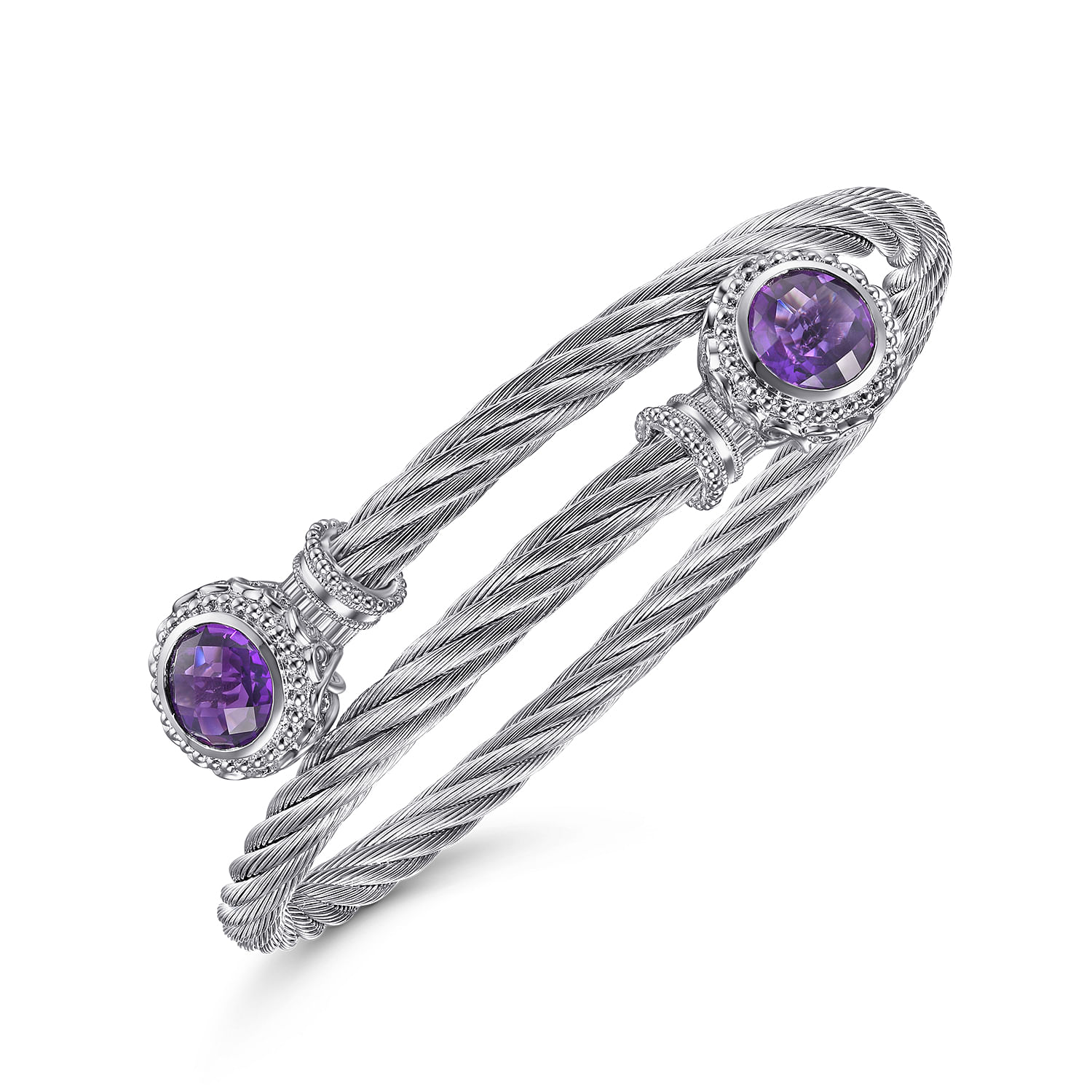 Sterling Silver and Twisted Cable Stainless Steel Amethyst Stone Bypass Bangle