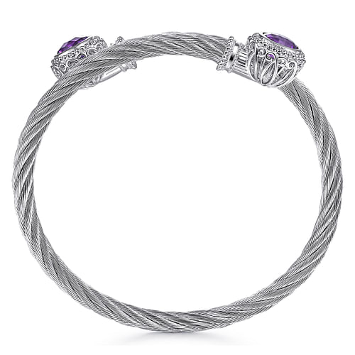 Sterling Silver and Twisted Cable Stainless Steel Amethyst Stone Bypass Bangle