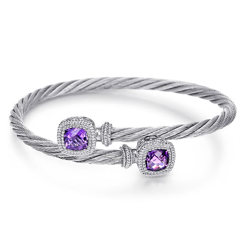 Sterling Silver and Twisted Cable Stainless Steel Amethyst Stone Bypass Bangle