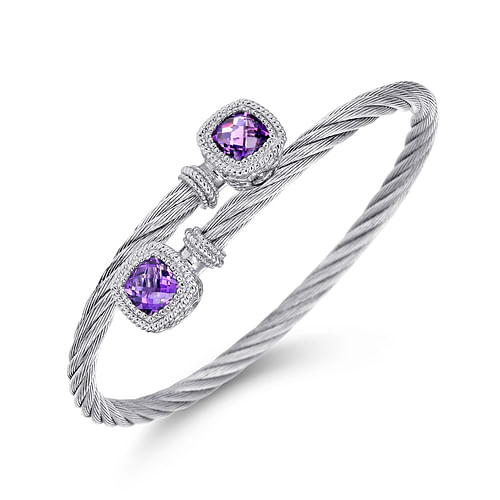 Sterling Silver and Twisted Cable Stainless Steel Amethyst Stone Bypass Bangle