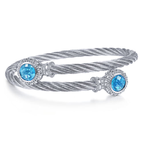 Sterling Silver and Twisted Cable Stainless Steel Blue Topaz Stone Bypass Bangle