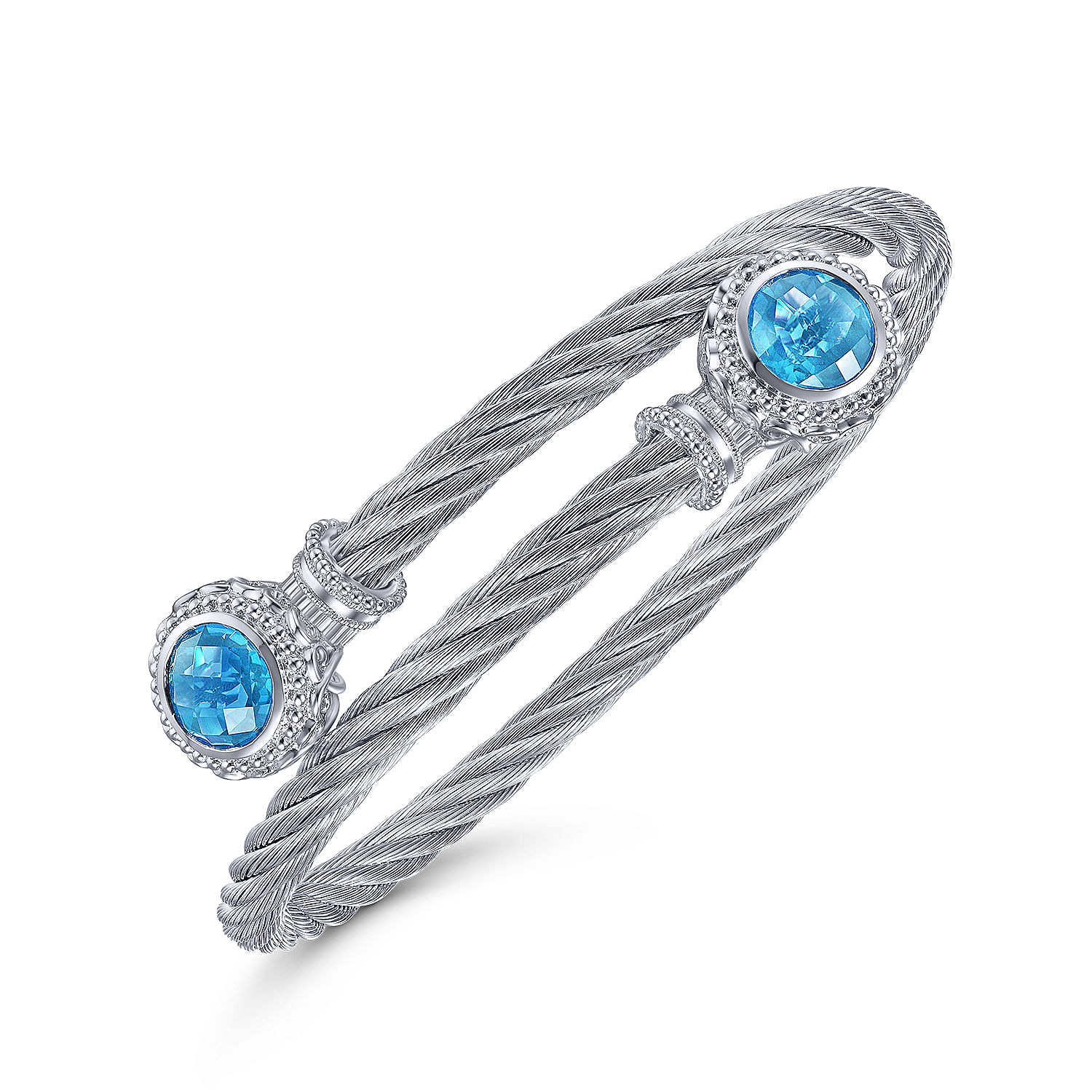 Sterling Silver and Twisted Cable Stainless Steel Blue Topaz Stone Bypass Bangle