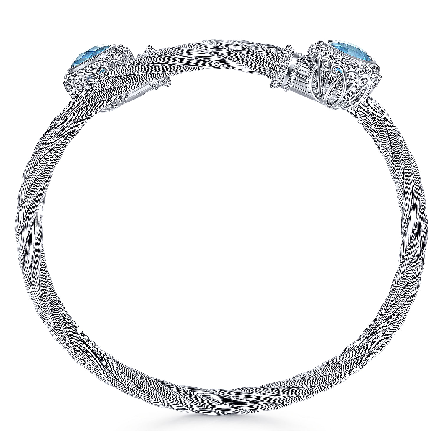 Sterling Silver and Twisted Cable Stainless Steel Blue Topaz Stone Bypass Bangle