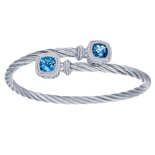 Sterling Silver and Twisted Cable Stainless Steel Blue Topaz Stone Bypass Bangle