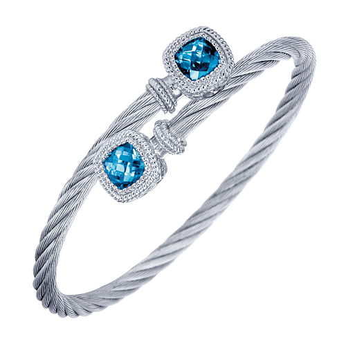 Sterling Silver and Twisted Cable Stainless Steel Blue Topaz Stone Bypass Bangle