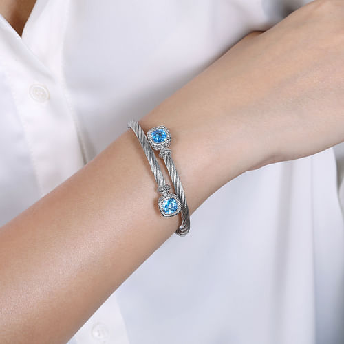 Sterling Silver and Twisted Cable Stainless Steel Blue Topaz Stone Bypass Bangle