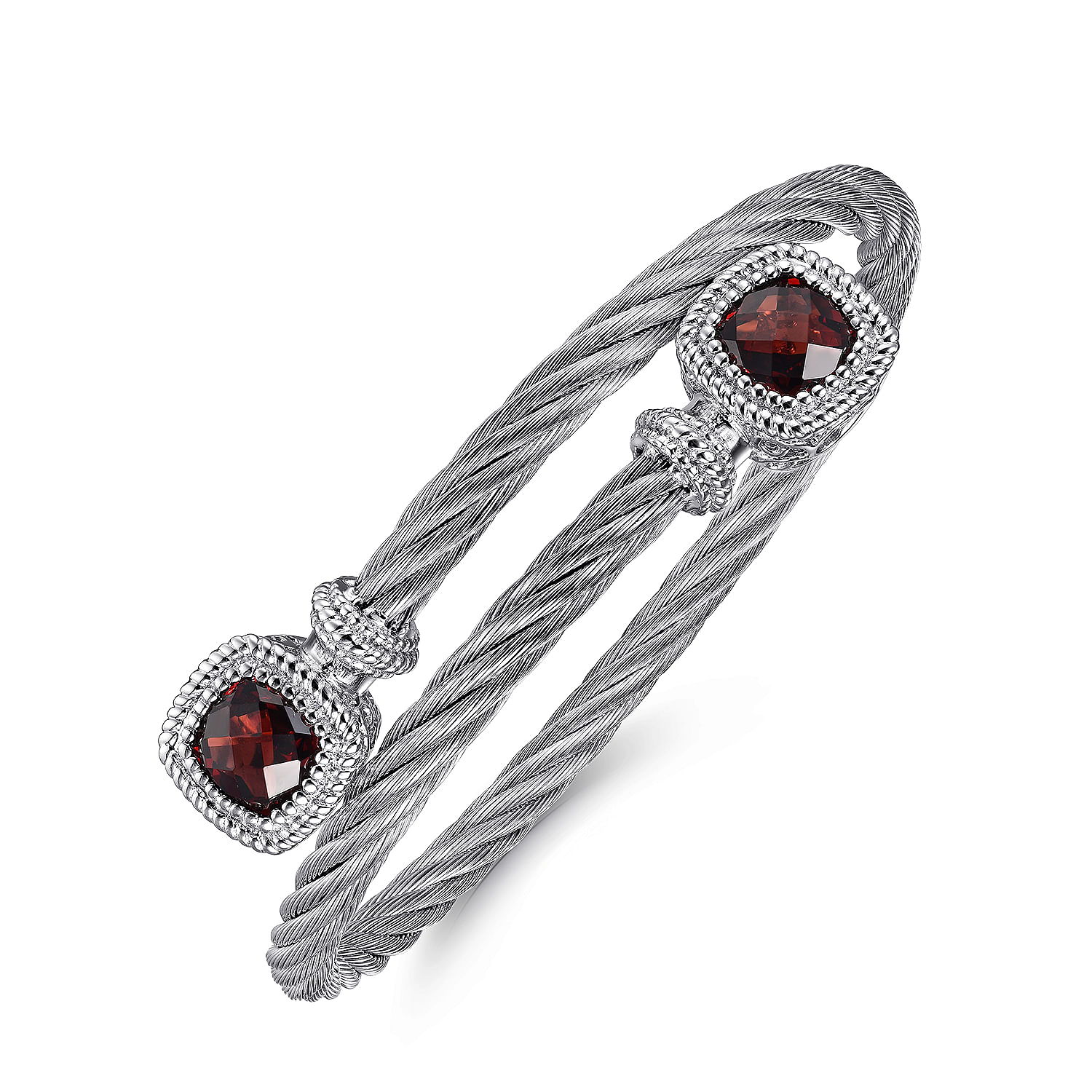 Sterling Silver and Twisted Cable Stainless Steel Garnet Stone Bypass Bangle