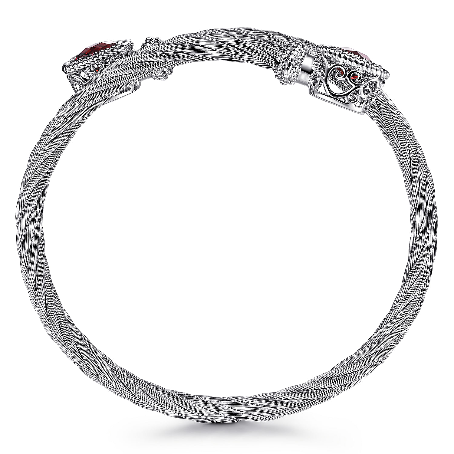 Sterling Silver and Twisted Cable Stainless Steel Garnet Stone Bypass Bangle